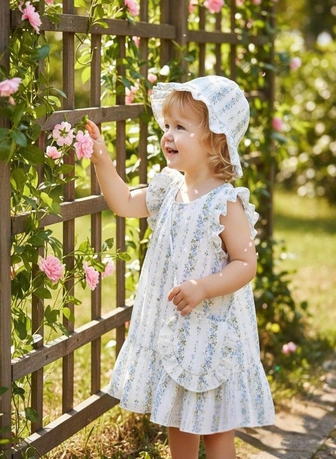 SODLON Toddler Dress 2T 3T Baby Girl Clothes Summer Ruffle Sleeveless Boho Vintage Dresses Sundress with Hat & Bag Birthday Gifts Cute Casual Outfits White Blue Floral - Image 4