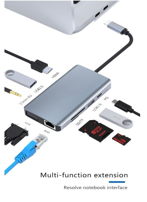 USB C Hub 9 in 1 Type C Hub Multport Adapter Compatible with 100W PD+4K HDMI+USB3.0+USB2.0+SD+TF+100W RJ45+1080P VGA+AUDIO3.5mm