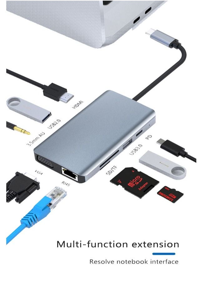Zeemey - USB C Hub 9 in 1 Type C Hub Multport Adapter Compatible with 100W PD+4K HDMI+USB3.0+USB2.0+SD+TF+100W RJ45+1080P VGA+AUDIO3.5mm - Image 1