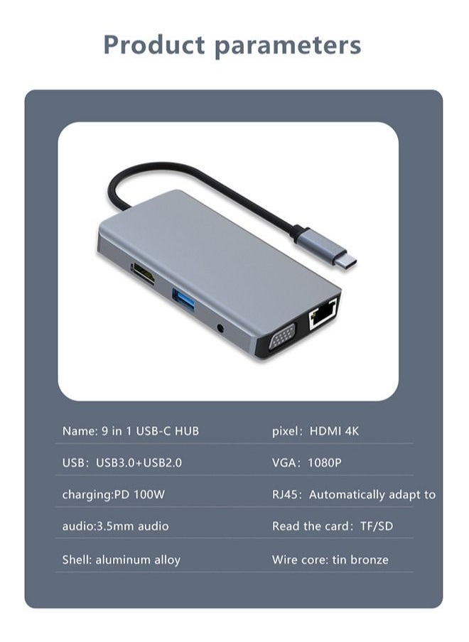 Zeemey - USB C Hub 9 in 1 Type C Hub Multport Adapter Compatible with 100W PD+4K HDMI+USB3.0+USB2.0+SD+TF+100W RJ45+1080P VGA+AUDIO3.5mm - Image 1