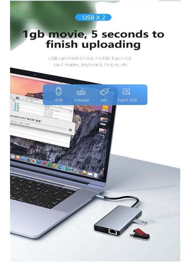 Zeemey - USB C Hub 9 in 1 Type C Hub Multport Adapter Compatible with 100W PD+4K HDMI+USB3.0+USB2.0+SD+TF+100W RJ45+1080P VGA+AUDIO3.5mm - Image 1