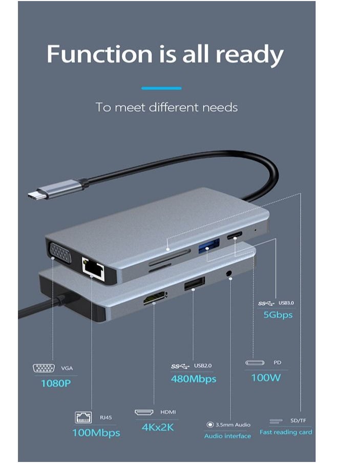 Zeemey - USB C Hub 9 in 1 Type C Hub Multport Adapter Compatible with 100W PD+4K HDMI+USB3.0+USB2.0+SD+TF+100W RJ45+1080P VGA+AUDIO3.5mm - Image 1