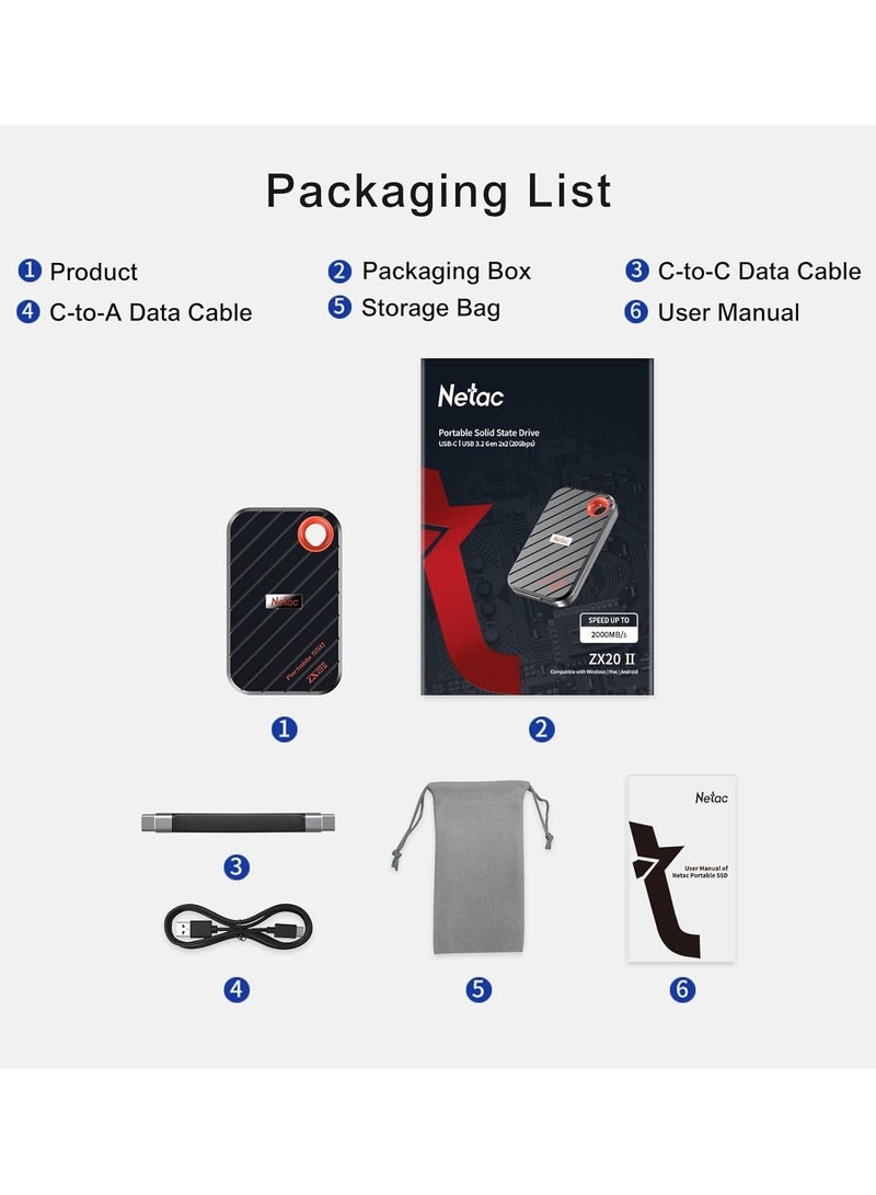 Netac Netac ZX20 II 2TB Portable SSD – NVMe External Solid State Drive, USB 3.2 Type-C, Up to 2000MB/s Read Speed, Shock & Drop Resistant (Magnetic Design) - Image 3