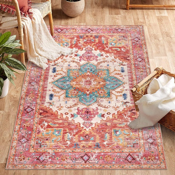 WASHABLE AREA RUG FOR BEDROOM 3X5 NONSLIP BOHO VINTAGE LIVING ROOM RUG WITH RUBBER BACKING LOW PILE FAUX WOOL SOFT DISTRESSED RUG FLOOR CARPET FOR LIVING ROOM LAUNDRY KID PLAYROOM