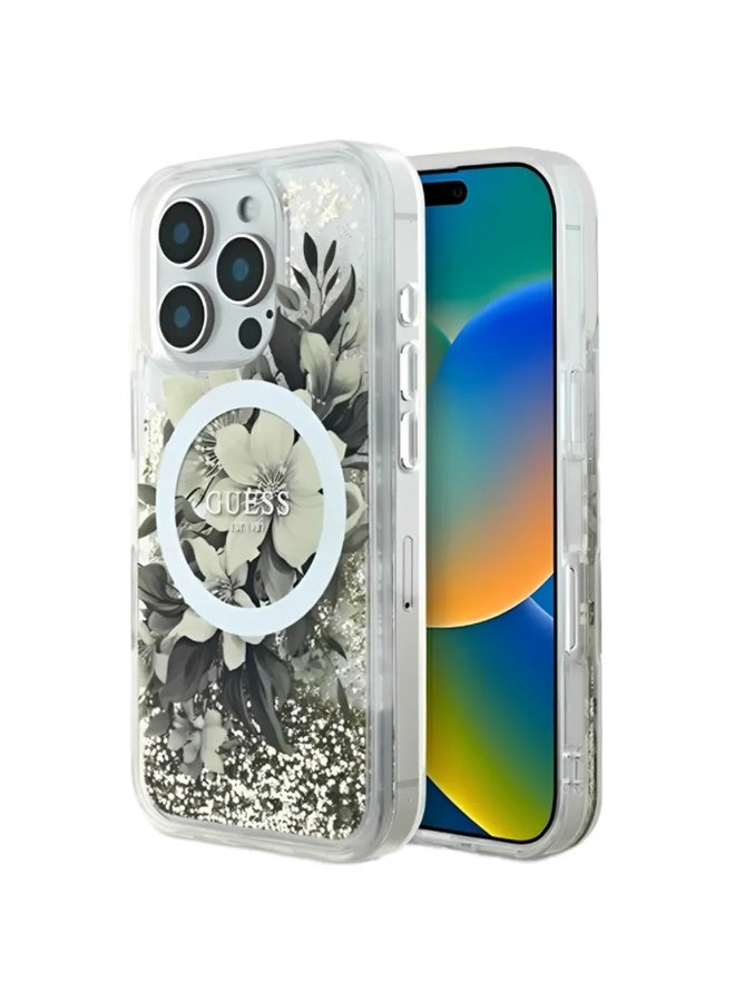 GUESS Guess iPhone 16 Pro Max Case MagSafe Liquid Glitter Flower Beige - Image 2