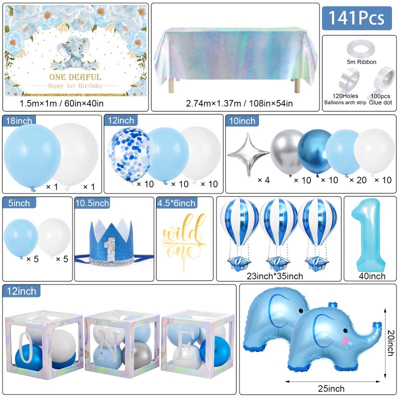 Winrayk 141Pcs Elephant First 1st Birthday Decorations Boy, ONE Box Blue Balloon Arch Backdrop Tablecloth Crown Hat Cake Topper Elephant Hot Air Balloon One Year Old First Birthday Decorations for Boy - Image 2
