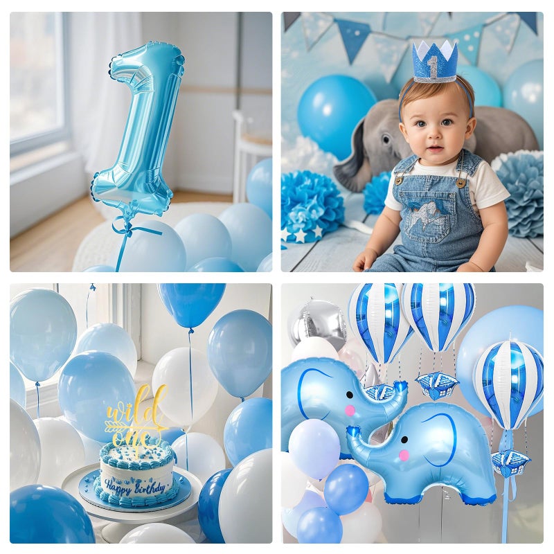 Winrayk 141Pcs Elephant First 1st Birthday Decorations Boy, ONE Box Blue Balloon Arch Backdrop Tablecloth Crown Hat Cake Topper Elephant Hot Air Balloon One Year Old First Birthday Decorations for Boy - Image 5