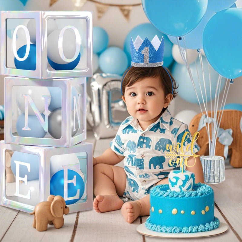 Winrayk 141Pcs Elephant First 1st Birthday Decorations Boy, ONE Box Blue Balloon Arch Backdrop Tablecloth Crown Hat Cake Topper Elephant Hot Air Balloon One Year Old First Birthday Decorations for Boy - Image 3