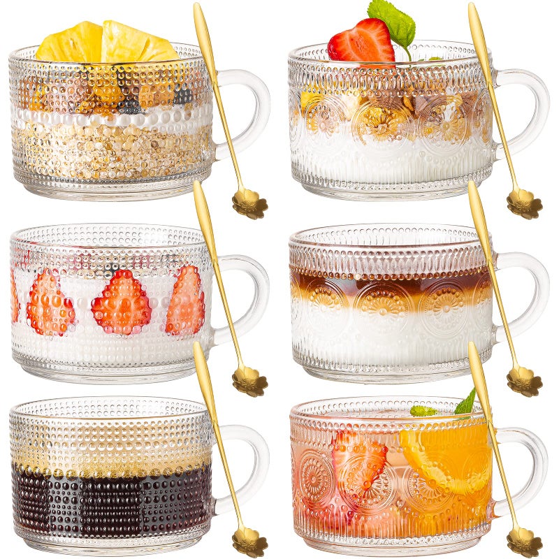 Wookgreat Vintage Glass Coffee Mugs Set of 6 14 oz Tea Cups With Handle Clear Embossed Glassware 6 Spoons for Cappuccino Latte Cereal Yogurt Milk