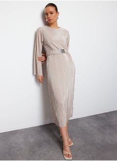 trendyol Gold Belted Pleated Knitted Dress TCTSS24EB00154  - Image 3