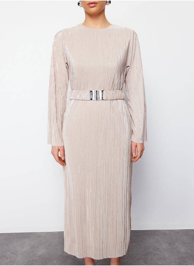 trendyol Gold Belted Pleated Knitted Dress TCTSS24EB00154  - Image 4