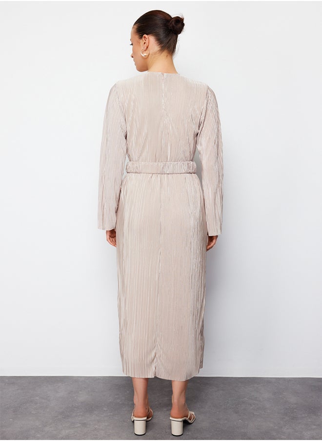trendyol - Gold Belted Pleated Knitted Dress TCTSS24EB00154 - Image 1