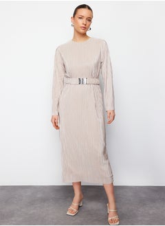 trendyol Gold Belted Pleated Knitted Dress TCTSS24EB00154  - Image 2