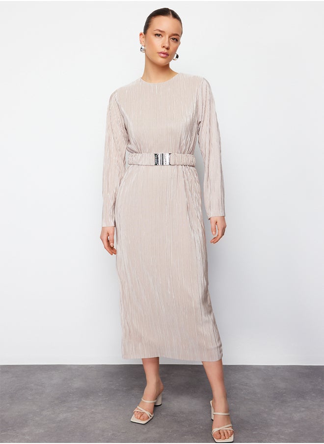 trendyol Gold Belted Pleated Knitted Dress TCTSS24EB00154  - Image 2