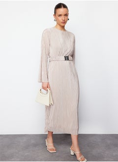 trendyol Gold Belted Pleated Knitted Dress TCTSS24EB00154  - Image 1