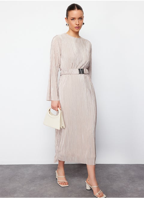 Gold Belted Pleated Knitted Dress TCTSS24EB00154