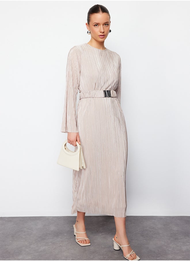 trendyol Gold Belted Pleated Knitted Dress TCTSS24EB00154  - Image 1