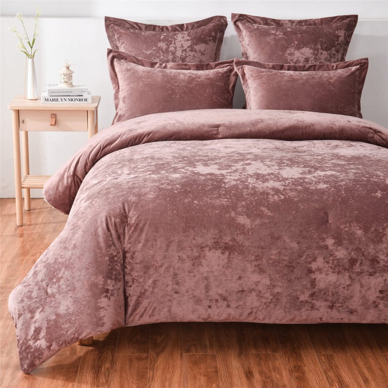 Fredsure Distressed Velvet Comforter Set, 5 Pieces Dusty Mauve King, Distressed Velvet Face and Brushed Microfiber Reverse - Image 2