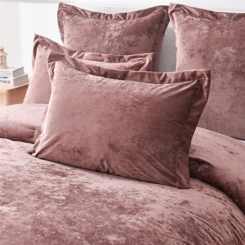 Fredsure Distressed Velvet Comforter Set, 5 Pieces Dusty Mauve King, Distressed Velvet Face and Brushed Microfiber Reverse - Image 4