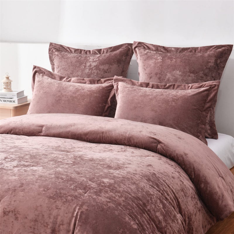 Fredsure Distressed Velvet Comforter Set, 5 Pieces Dusty Mauve King, Distressed Velvet Face and Brushed Microfiber Reverse - Image 3