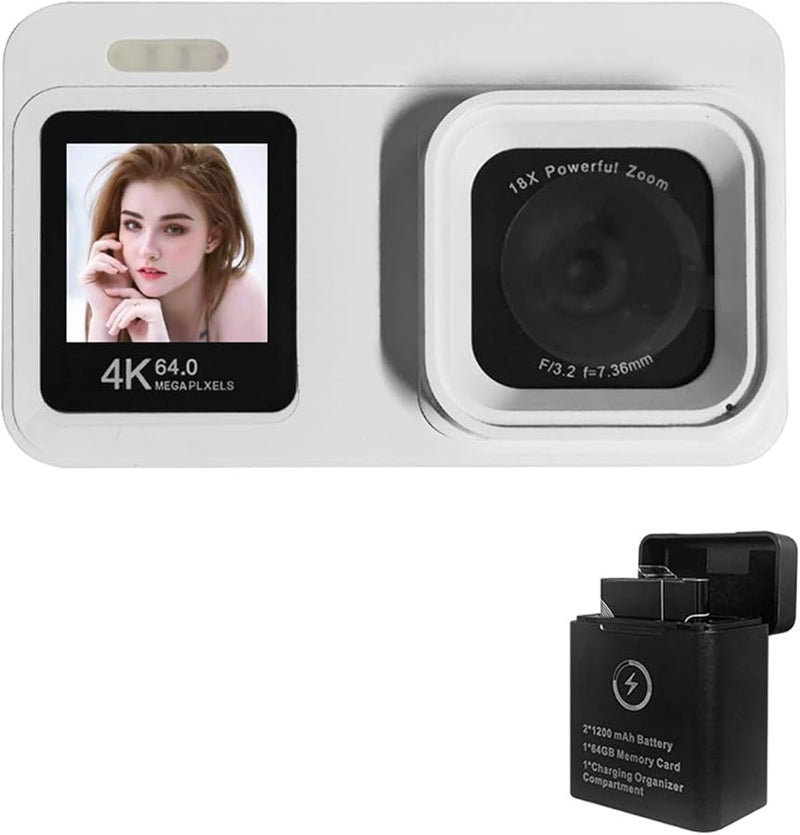 White 4K Digital Camera 64MP Sensor 18x Zoom Dual Screen Portable Vlog Camera - Image 1