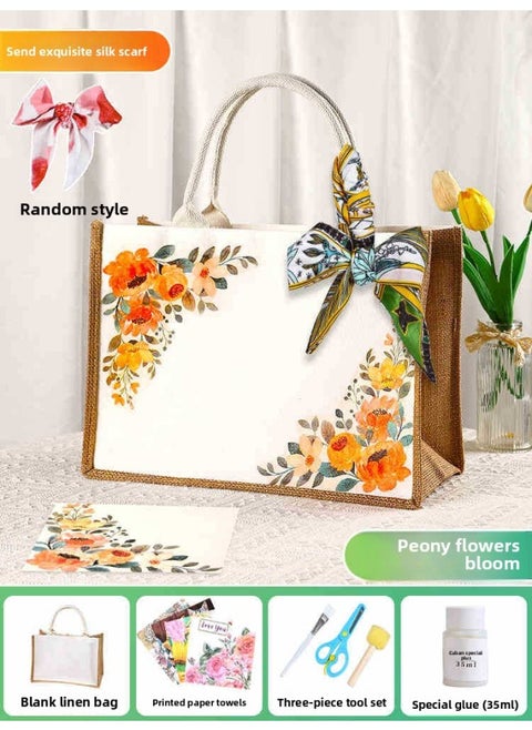 Butterfly Ancient Bart Material Bag Diy Mother's Day Canvas Bag Children's Handmade Creative Linen Bag Group Building Activity Gift-Color:Horizontal Style [peony] Comes With A Full Set Of Tools + Detailed Tutorials