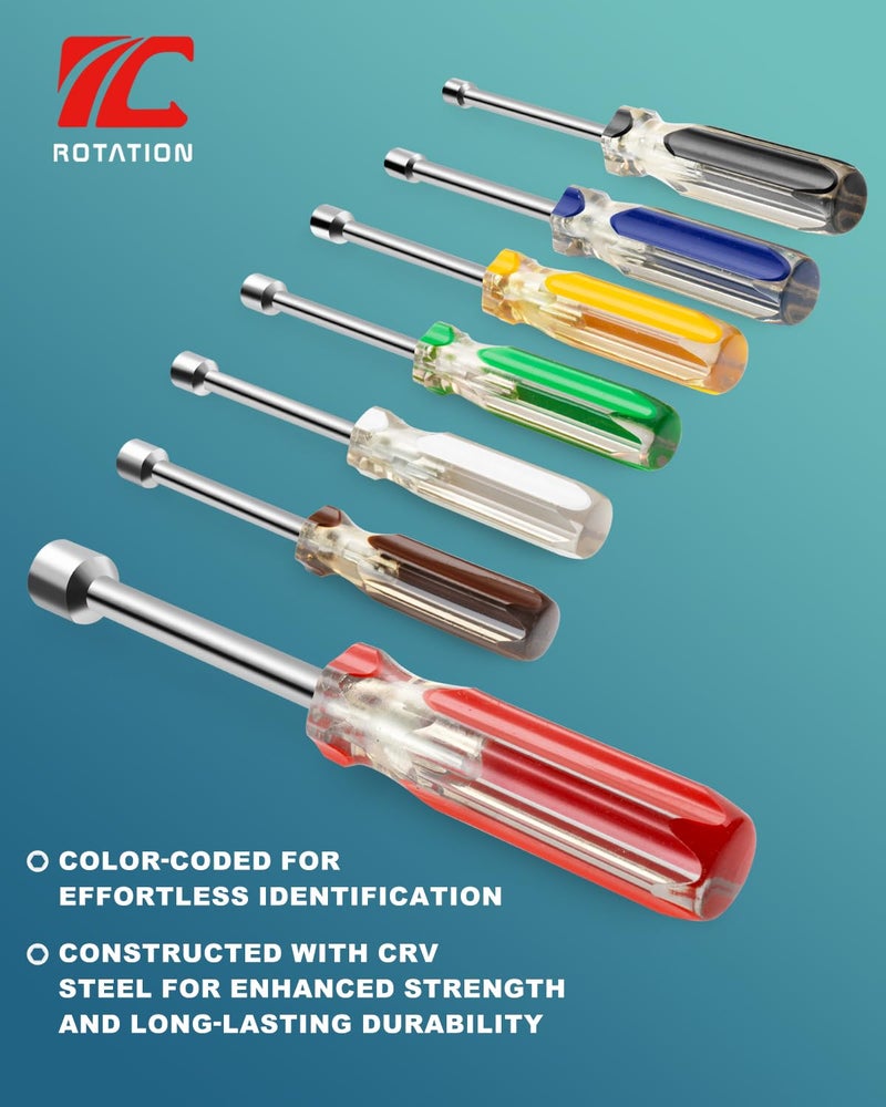 ROTATION 7PC Metric Nut Driver Set - 5-12mm Hex Drivers for Bolts Nuts Fasteners, Color-Coded Non-Slip PVC Grips - Image 4