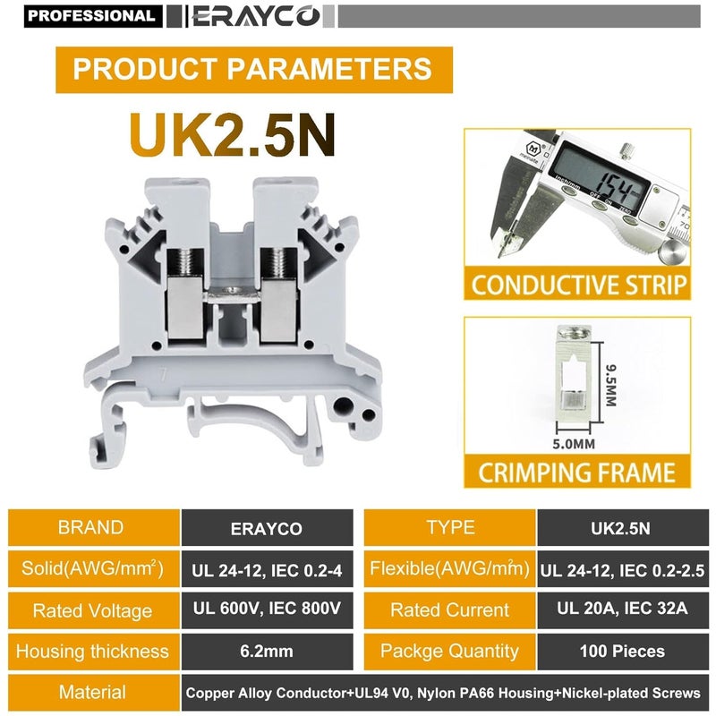 Erayco كتلة طرفية على سكة DIN UK2.5B-GR، مشبك برغي، 600 فولت 20 أمبير 24-12AWG، عبوة من 100 - Image 3