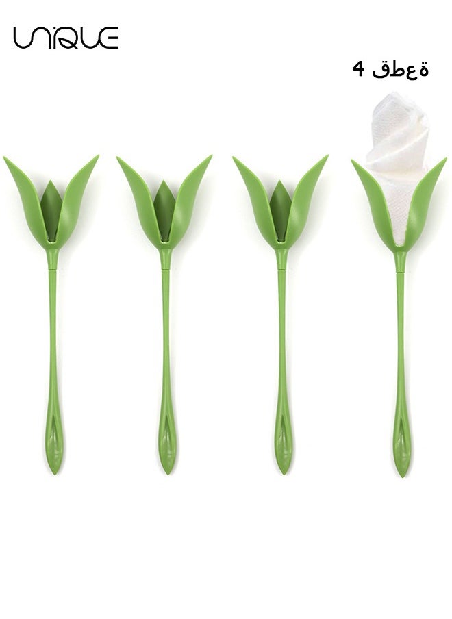 Unique - Bloom Napkin Holders for Tables, Set of 4 Green Stemmed Plastic Twist Flower Buds Serviette Holders Plus White Napkins for Making Original Table Arrangements - Image 1