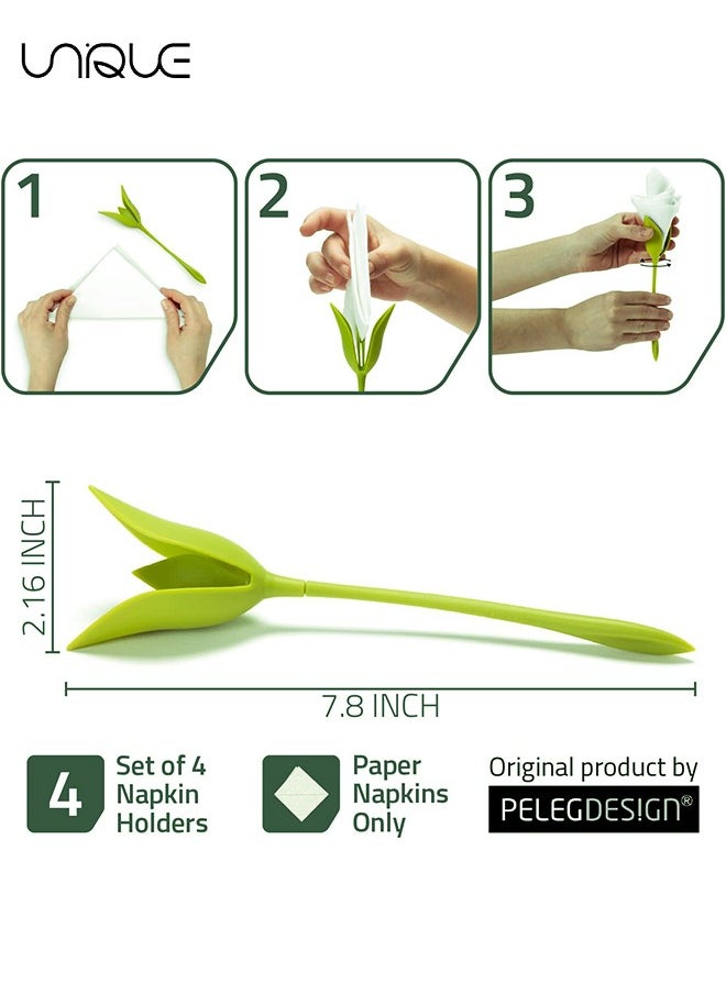 Unique - Bloom Napkin Holders for Tables, Set of 4 Green Stemmed Plastic Twist Flower Buds Serviette Holders Plus White Napkins for Making Original Table Arrangements - Image 1