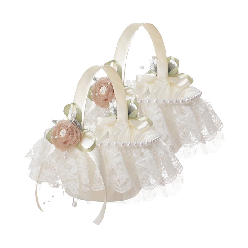 Fofetbfo 2 PCS Wedding Flower Girl Basket White Lace Flower Basket with Silk Rose Flower and Pearl Elegant Satin Flower Basket for Wedding Ceremony Party Decoration