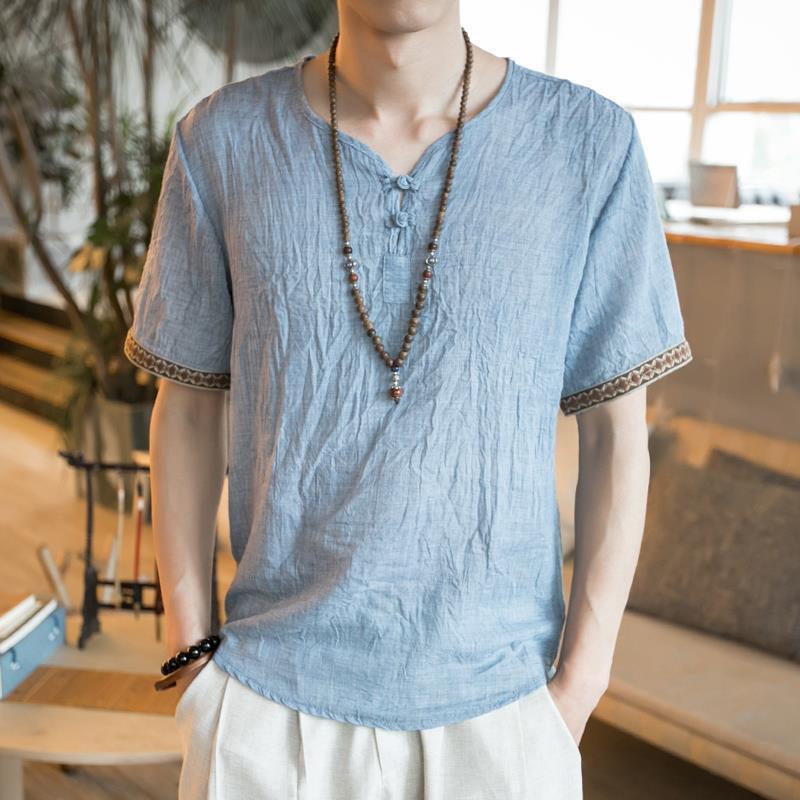 Chinese Style Men'S Buckle Linen T-Shirt Summer Loose Short-Sleeved Plus Size T-Shirt Thin Chinese Style Vintage Cotton And Linen T-Shirt - Image 4