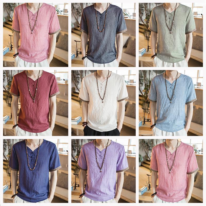 Chinese Style Men'S Buckle Linen T-Shirt Summer Loose Short-Sleeved Plus Size T-Shirt Thin Chinese Style Vintage Cotton And Linen T-Shirt - Image 2
