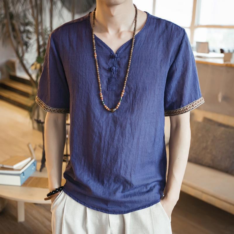 Chinese Style Men'S Buckle Linen T-Shirt Summer Loose Short-Sleeved Plus Size T-Shirt Thin Chinese Style Vintage Cotton And Linen T-Shirt - Image 5