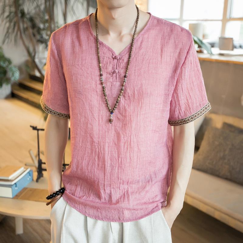 Chinese Style Men'S Buckle Linen T-Shirt Summer Loose Short-Sleeved Plus Size T-Shirt Thin Chinese Style Vintage Cotton And Linen T-Shirt - Image 3