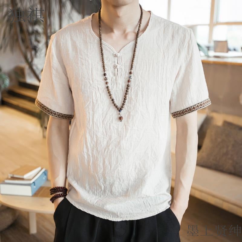 Chinese Style Men'S Buckle Linen T-Shirt Summer Loose Short-Sleeved Plus Size T-Shirt Thin Chinese Style Vintage Cotton And Linen T-Shirt - Image 1