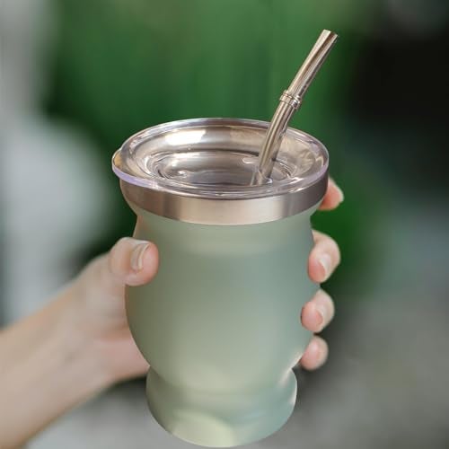 Beruth Bombilla Yerba Mate Gourd, 8oz Stainless Steel Tea Cup Set with a Multifunctional Lid, Two Straws and Cleaning Brushes, Double Walled Coffee Mug Heat Insulation Anti Scalding (Avocado Green) - Image 4