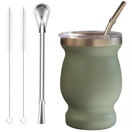Beruth Bombilla Yerba Mate Gourd, 8oz Stainless Steel Tea Cup Set with a Multifunctional Lid, Two Straws and Cleaning Brushes, Double Walled Coffee Mug Heat Insulation Anti Scalding (Avocado Green) - Image 1