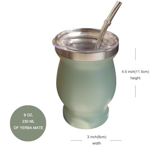 Beruth Bombilla Yerba Mate Gourd, 8oz Stainless Steel Tea Cup Set with a Multifunctional Lid, Two Straws and Cleaning Brushes, Double Walled Coffee Mug Heat Insulation Anti Scalding (Avocado Green) - Image 2