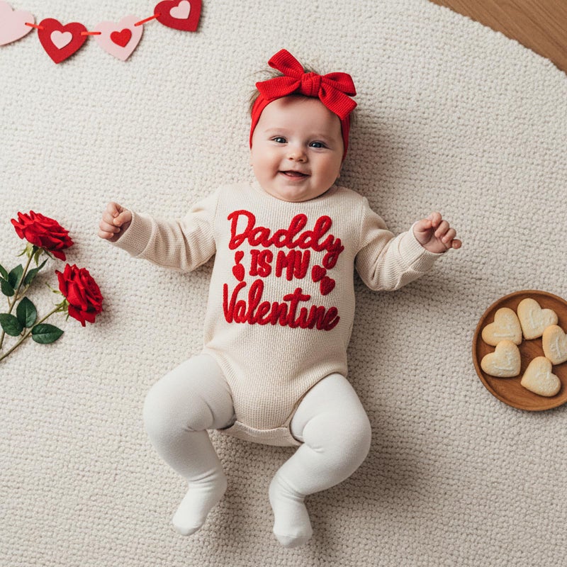 Amnnchya Baby Girl Valentines Outfit Daddy Is My Valentine Waffle Long Sleeve Bubble Romper Jumpsuit Cute Fall Spring Clothes (Beige, 6-12 Months) - Image 5