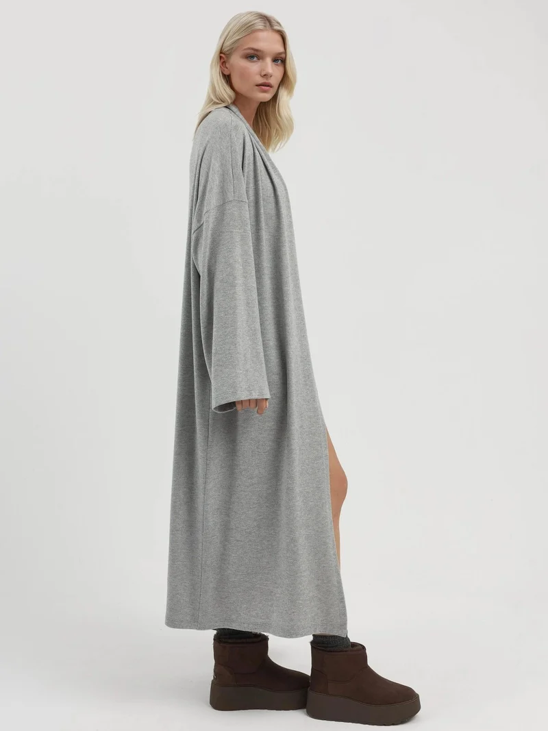 Busem Grey Relaxed Fit Longline Open-Front Shawl Collar Knit Cardigan for Women | Best Price UAE