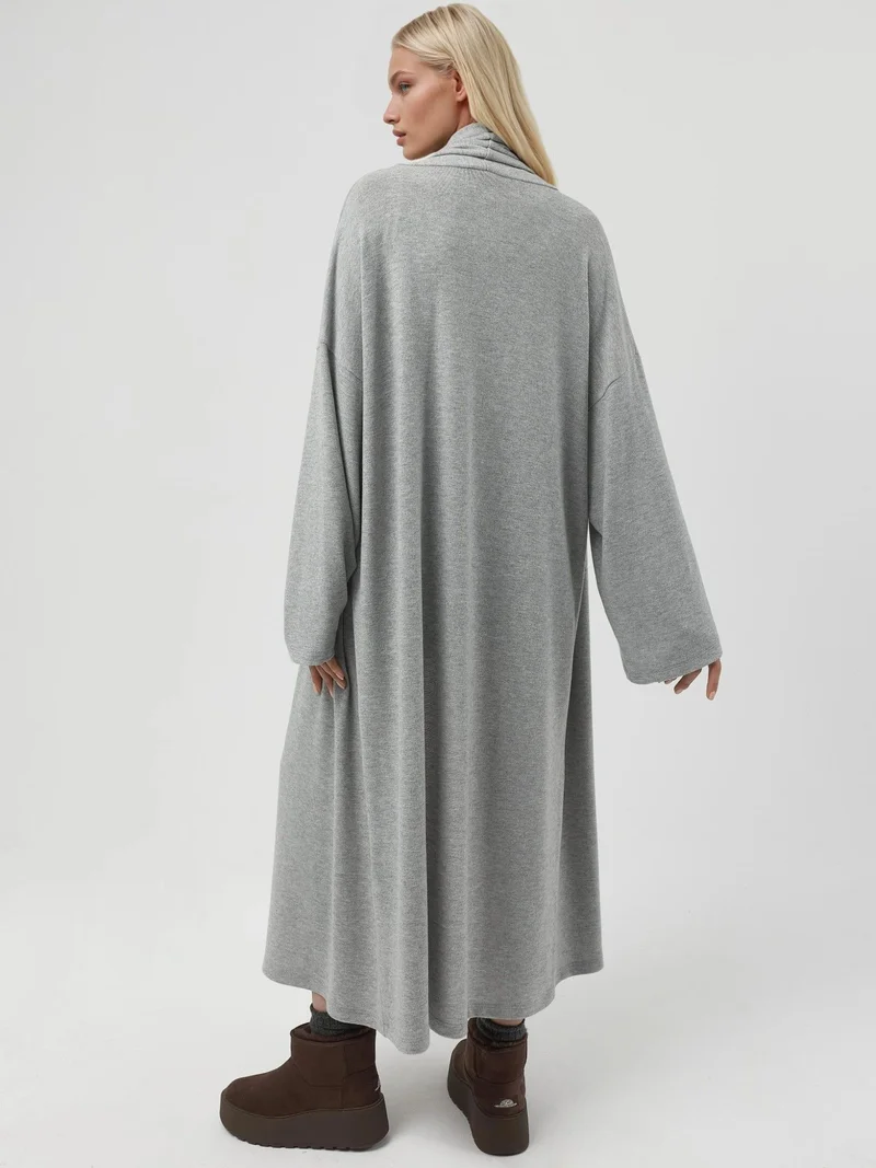 Busem Grey Relaxed Fit Longline Open-Front Shawl Collar Knit Cardigan for Women | Best Price UAE