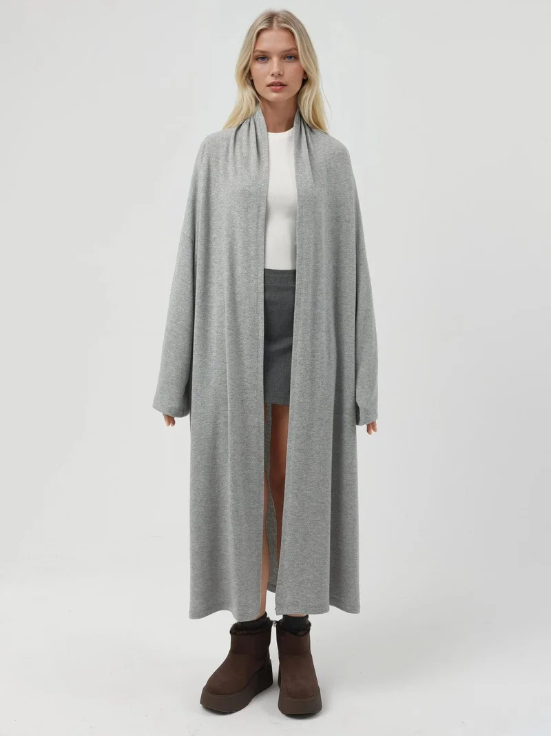Busem Grey Relaxed Fit Longline Open-Front Shawl Collar Knit Cardigan for Women | Best Price UAE