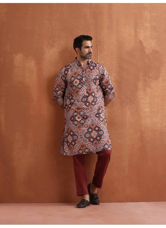 trueBrowns Men's Rust Geometric Printed Kurta