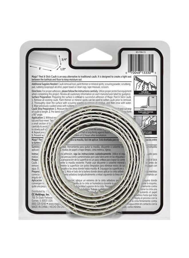 Magic American Tub/Floor Peel and Stick Caulk, 1-1/4" x 5' (3.1cm * 1.5m), (1 Count (Pack of 1), white) - Image 2