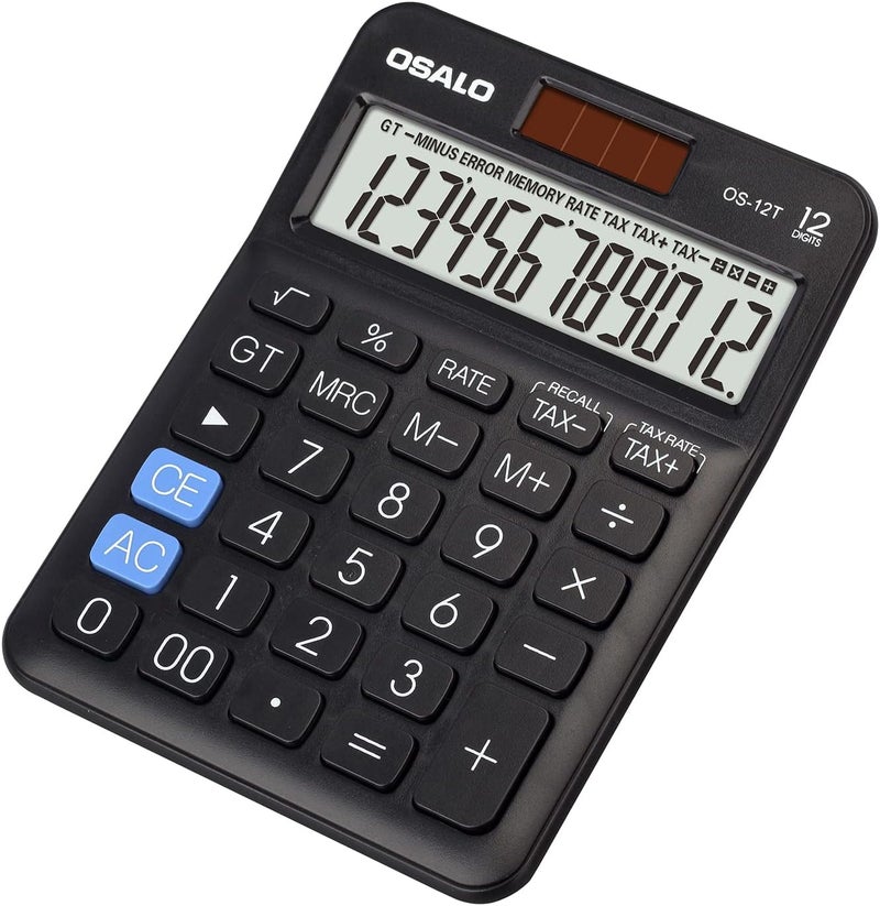 OSALO Pocket Small Desktop Calculator 12 Digit Large Lcd Display Basic Tax Function Handheld Solar Battery Dual Power Perfect For Office, School, Business Desk Calculators (Os-12T Black) - Image 1