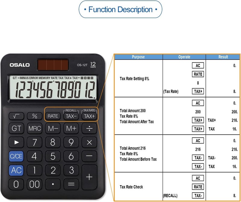 OSALO Pocket Small Desktop Calculator 12 Digit Large Lcd Display Basic Tax Function Handheld Solar Battery Dual Power Perfect For Office, School, Business Desk Calculators (Os-12T Black) - Image 5