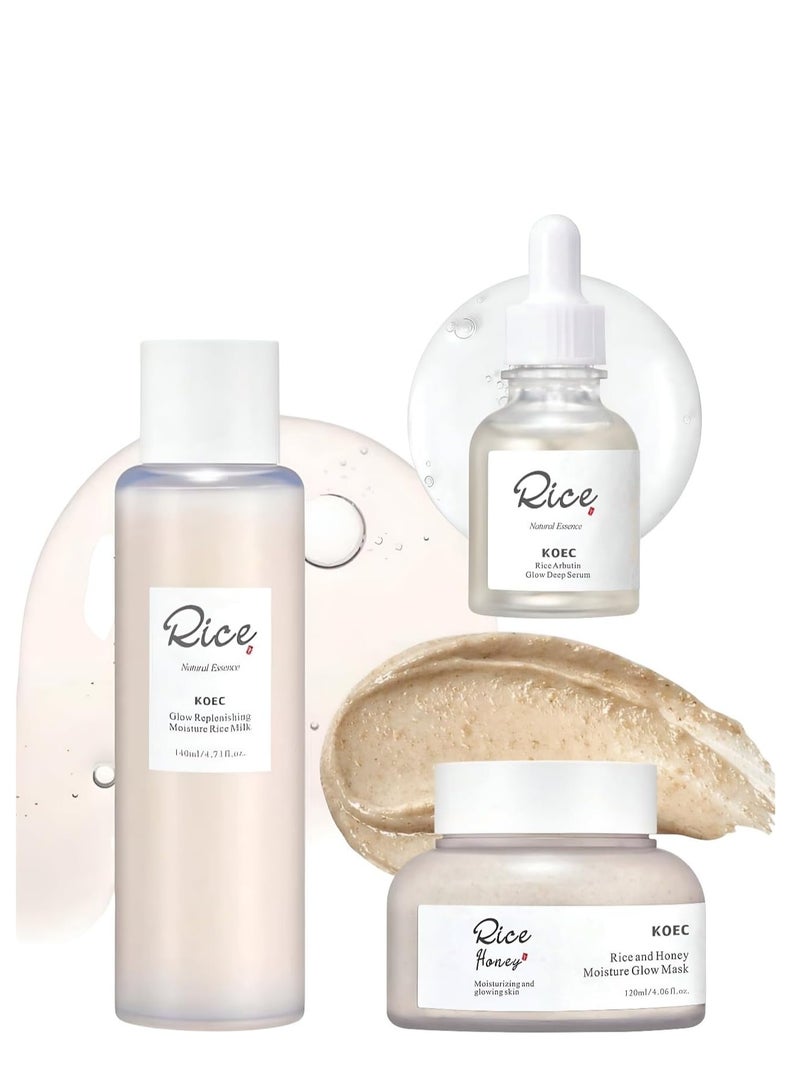 ك أو إي سي مجموعة الأرز للعناية بالبشرة، سيروم ديب بلوغ، تونر مرطب حليب الأرز، قناع توهج الأرز والعسل، 3 قطع، طقم للعناية بالبشرة المتوهجة - Image 1