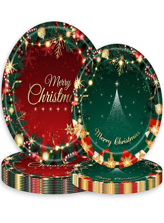 BASEMMAHER 32Pcs Disposable Paper Christmas Tree Snowflake Bells Dessert Plates, Red, Green, Gold, Serves 16, Modern, Classic Style - Image 1