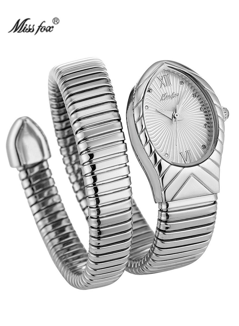 MISS FOX Women's Fashion INS Watch, Oval Dial, Wrapped Elastic Strap, Snake-Style Quartz Watch - Image 1